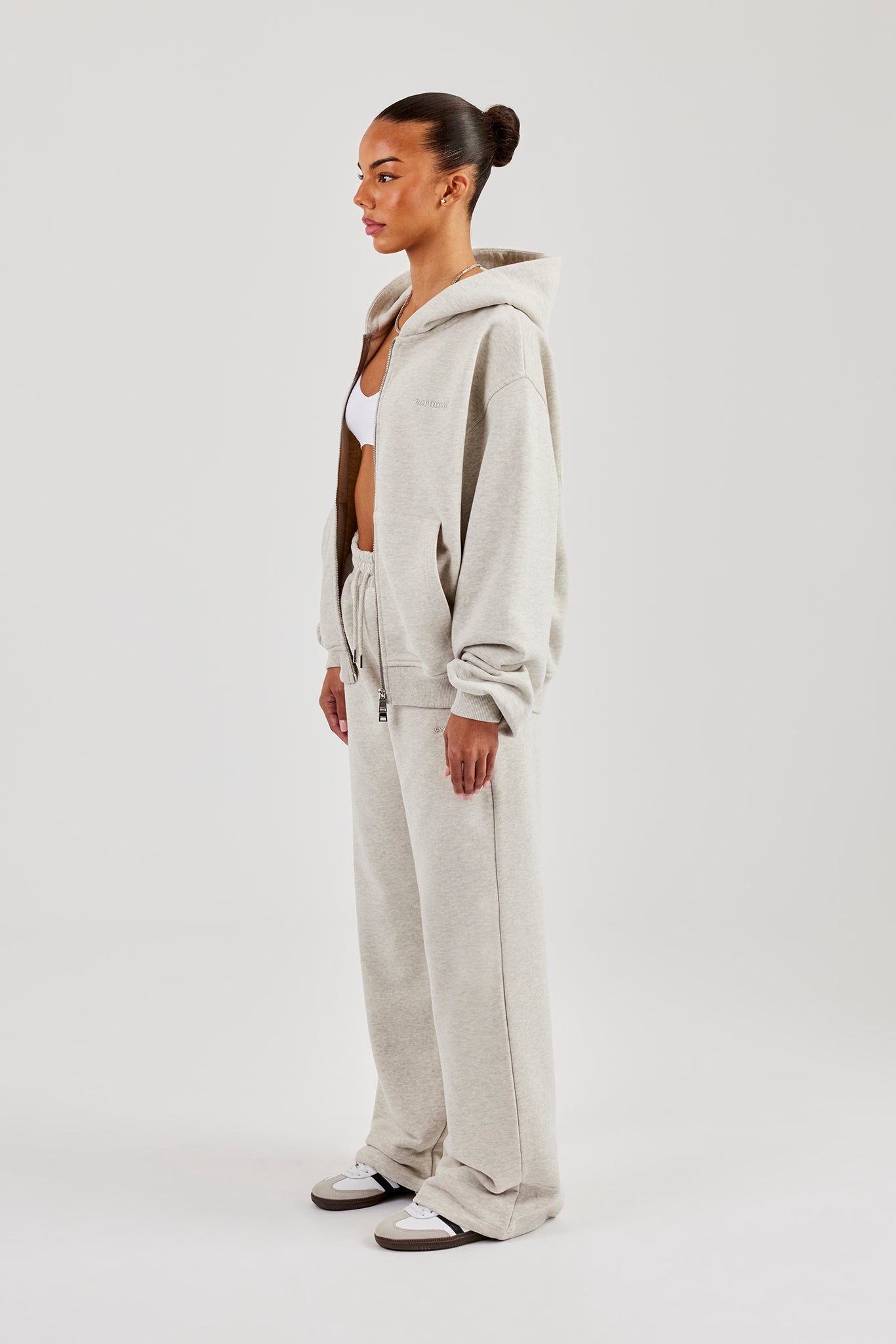 Oversized Zip Through Hoodie & Embroidered Wide Leg Jogger - Ash Grey